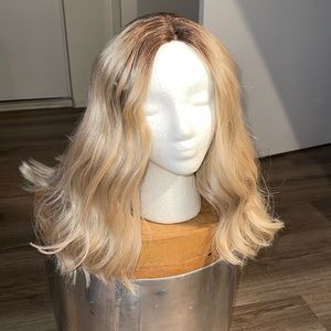 Light beige blonde with medium brown blended root lace front part wig 16 inches